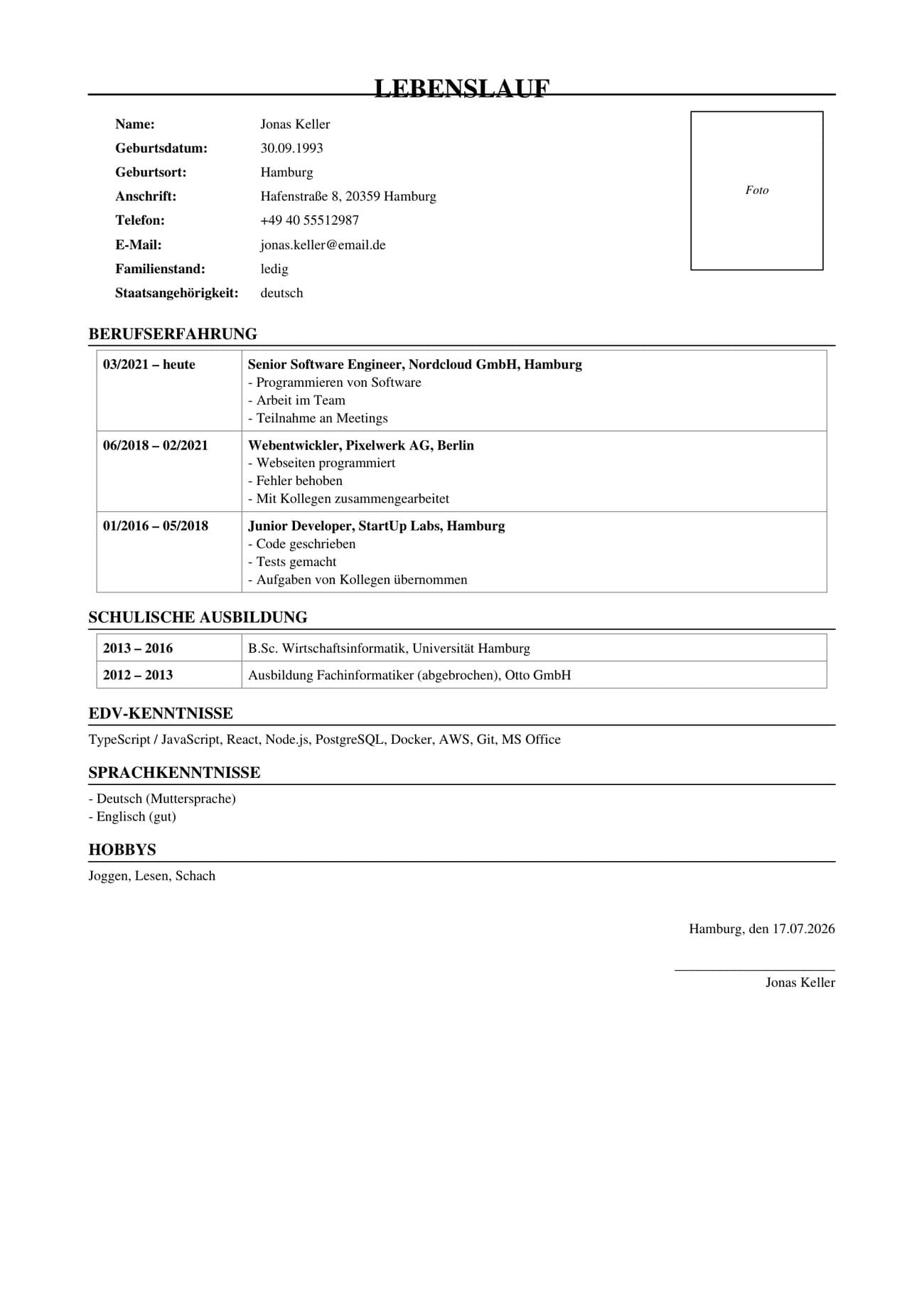 Selbst geschriebener Lebenslauf vor dem Lebenslauf-Butler, schlicht formatiert