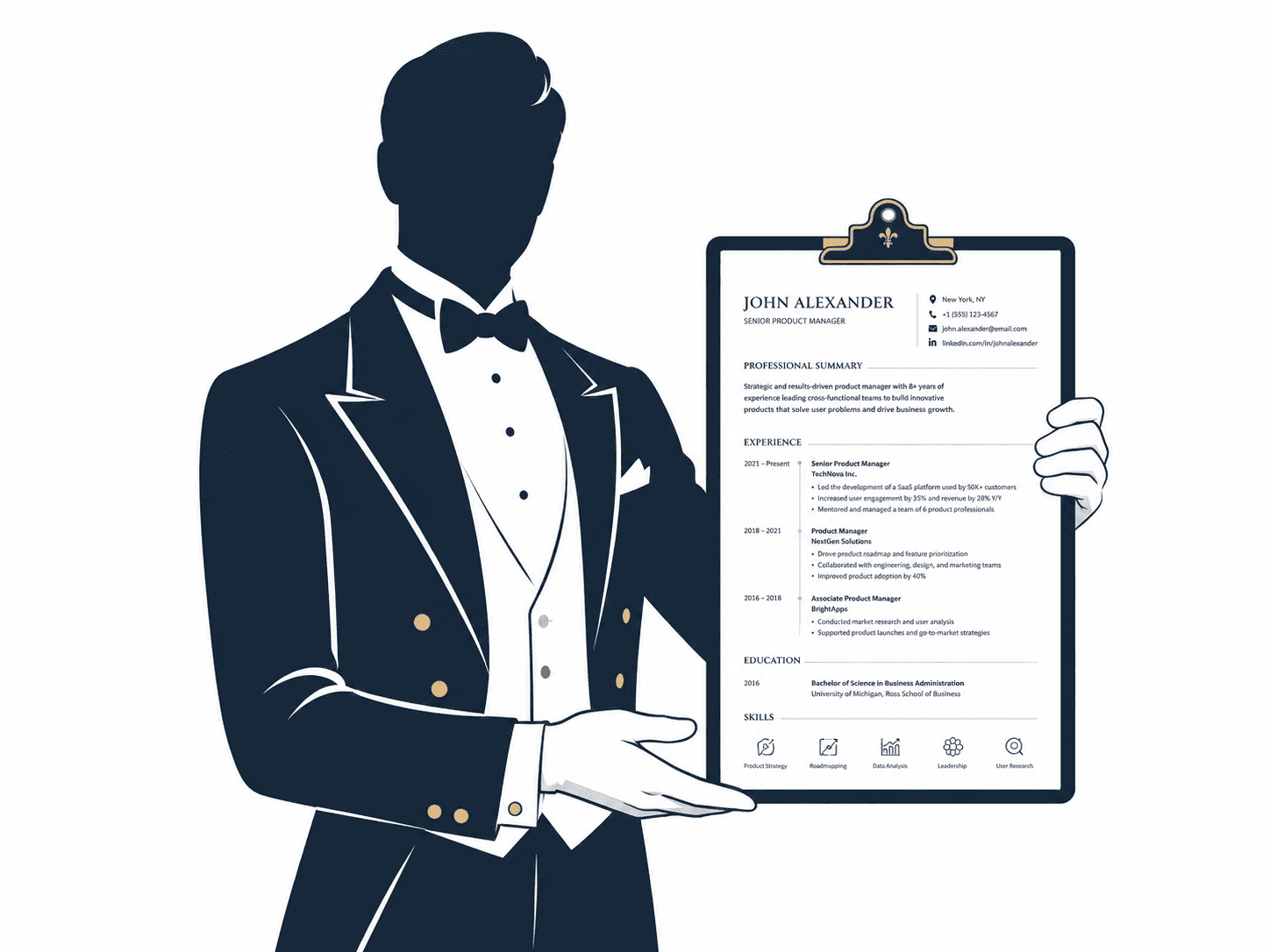 Der KI-Butler präsentiert Lebenslauf, Anschreiben und Bewerbungsfoto